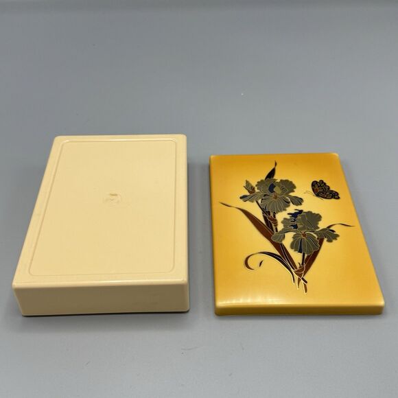 Plastic Celluloid Vanity Trinket Box Rectangle Yellow Irises Butterfly Kitschy - Picture 4 of 11